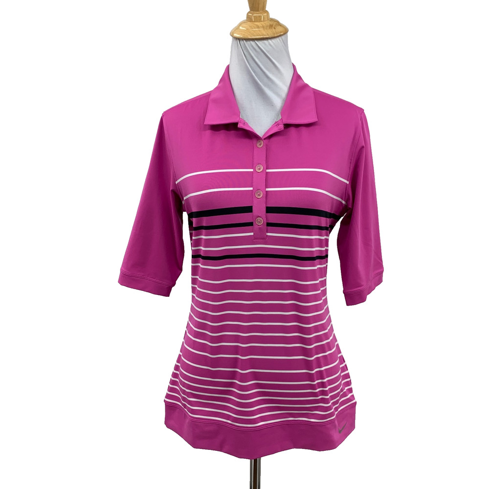 Nike Golf Shirt Womens Small Gumdrop White Tour Performance Dri Fit Striped Polo